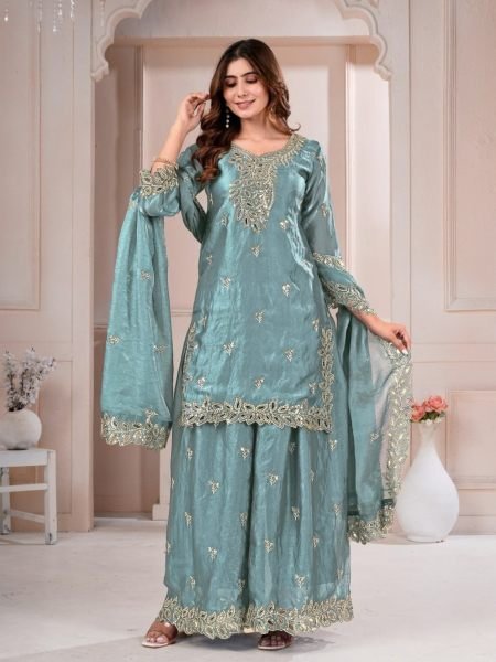 Handcrafted Sky Blue Designer Fendy Silk Top Sharara Dupatta Set for Women 