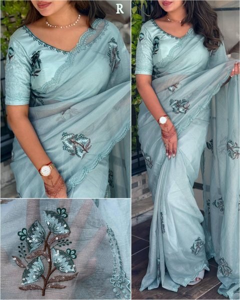 Handcrafted Sky Blue Designer Jute Organza Saree with Multi Thread Embroidery at Wholesale Rate Embroidery Sarees Wholesale