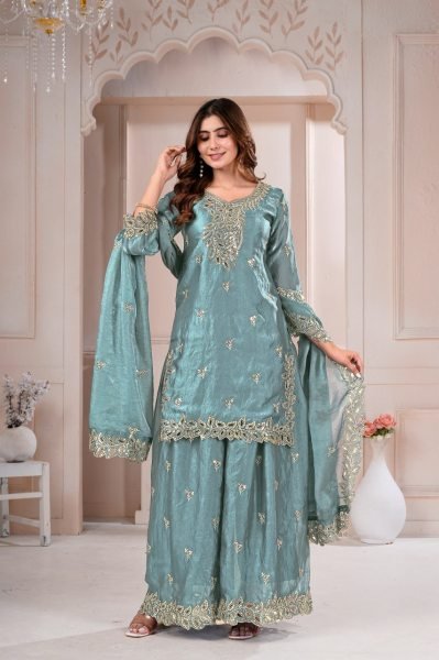 Handcrafted Sky Blue Designer Fendy Silk Top Sharara Dupatta Set for Women Ready To Wear Collection