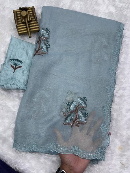 Handcrafted Sky Blue Designer Jute Organza Saree with Multi Thread Embroidery at Wholesale Rate Embroidery Sarees Wholesale