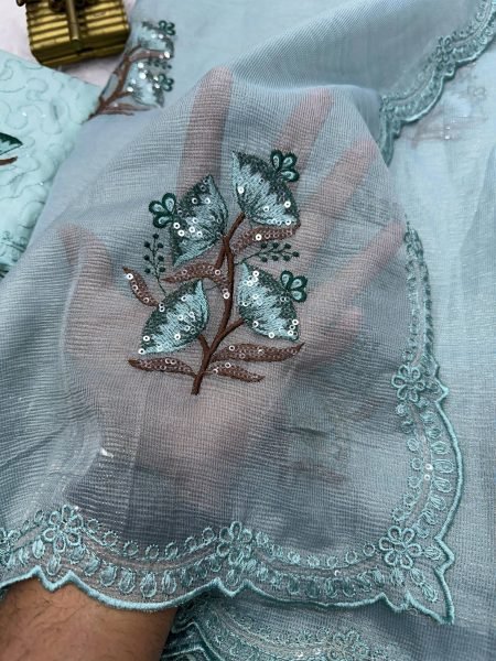 Handcrafted Sky Blue Designer Jute Organza Saree with Multi Thread Embroidery at Wholesale Rate Embroidery Sarees Wholesale