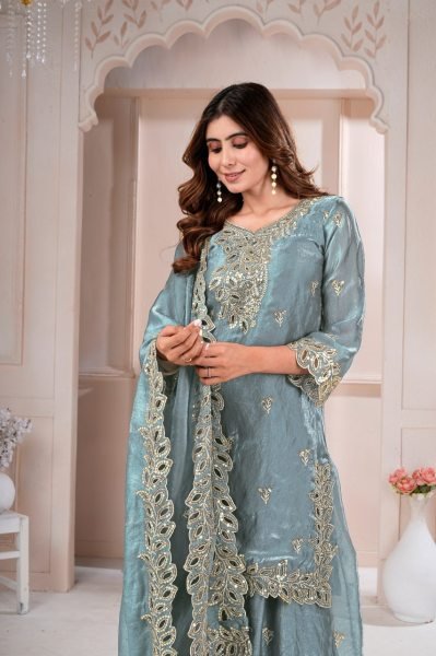 Handcrafted Sky Blue Designer Fendy Silk Top Sharara Dupatta Set for Women Ready To Wear Collection
