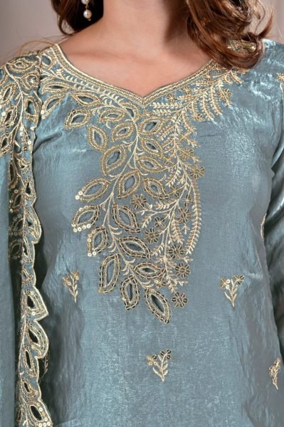 Handcrafted Sky Blue Designer Fendy Silk Top Sharara Dupatta Set for Women Ready To Wear Collection