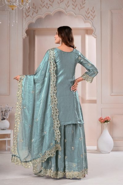 Handcrafted Sky Blue Designer Fendy Silk Top Sharara Dupatta Set for Women Ready To Wear Collection