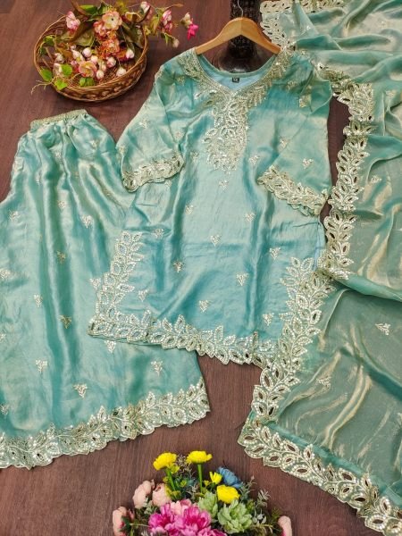 Handcrafted Sky Blue Designer Fendy Silk Top Sharara Dupatta Set for Women Ready To Wear Collection