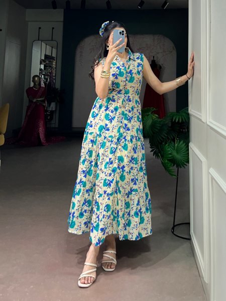 Handcrafted Sky Blue Women   s Maslin Silk Floral Print Dress with Bow Hair Clip  Western Ladies Top Wholesale