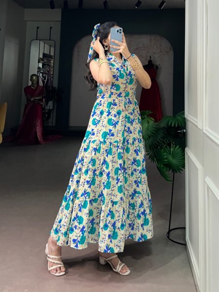 Handcrafted Sky Blue Women   s Maslin Silk Floral Print Dress with Bow Hair Clip  Western Ladies Top Wholesale