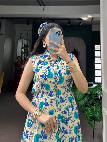 Handcrafted Sky Blue Women   s Maslin Silk Floral Print Dress with Bow Hair Clip  Western Ladies Top Wholesale