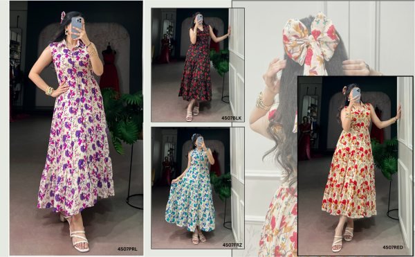 Handcrafted Sky Blue Women   s Maslin Silk Floral Print Dress with Bow Hair Clip  Western Ladies Top Wholesale