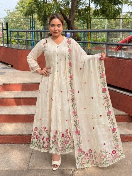 Handcrafted White Heavy Embroidered Mul Chanderi Suit with Mirror Work Neck at Wholesale Rate Kurtis