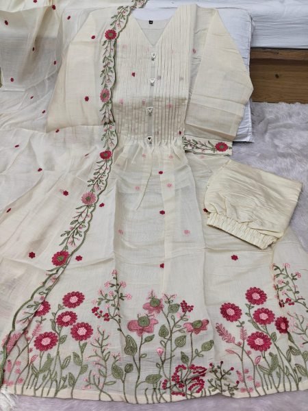 Handcrafted White Heavy Embroidered Mul Chanderi Suit with Mirror Work Neck at Wholesale Rate Embroidery Kurtis 