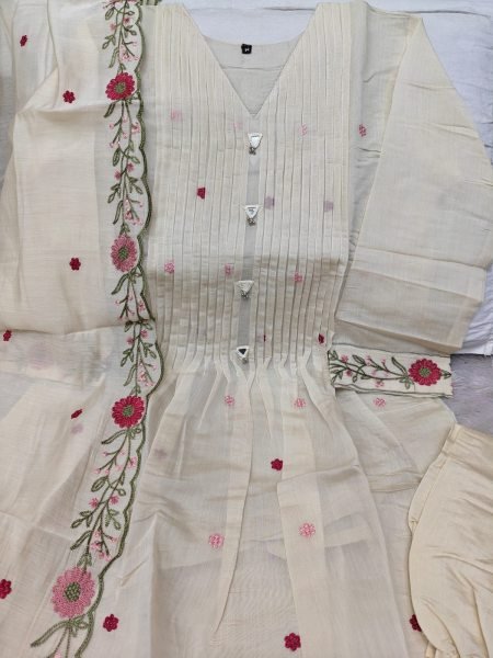 Handcrafted White Heavy Embroidered Mul Chanderi Suit with Mirror Work Neck at Wholesale Rate Embroidery Kurtis 
