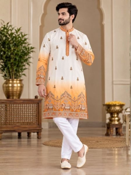 Handcrafted White Orange Shaded Malai Satin Kurta Pajama Set for Men Kurta Pajama Wholesale