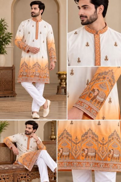 Handcrafted White Orange Shaded Malai Satin Kurta Pajama Set for Men Kurta Pajama Wholesale