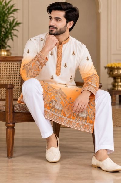Handcrafted White Orange Shaded Malai Satin Kurta Pajama Set for Men Kurta Pajama Wholesale