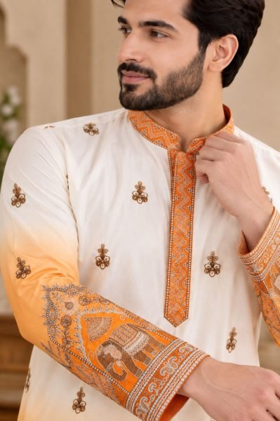 Handcrafted White Orange Shaded Malai Satin Kurta Pajama Set for Men Kurta Pajama Wholesale