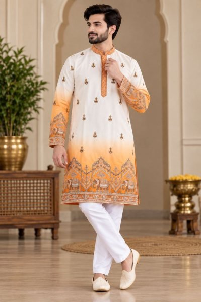 Handcrafted White Orange Shaded Malai Satin Kurta Pajama Set for Men Kurta Pajama Wholesale