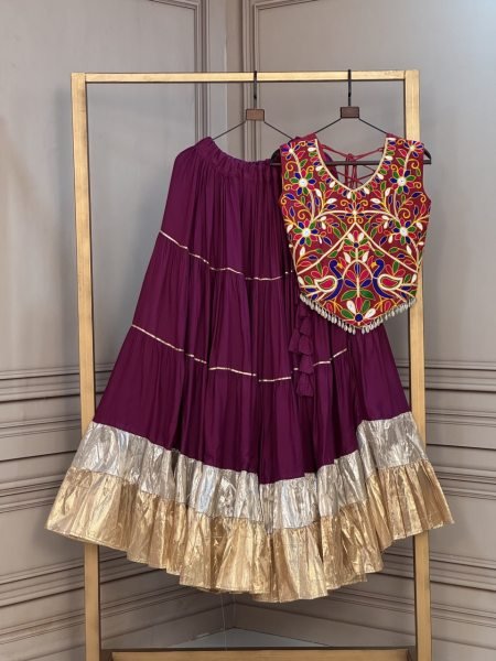 Handcrafted Wine Rayon Lehenga with Lampi Lace and Standard Frill Stitching Navratri Lehnega Choli