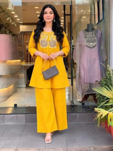 Handcrafted Yellow Festive Wear Cotton Embroidered Cord Set for Women 