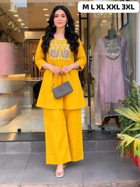 Handcrafted Yellow Festive Wear Cotton Embroidered Cord Set for Women CO ORD Sets