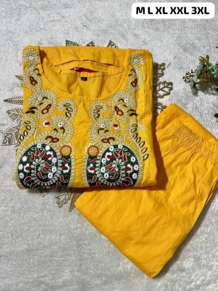 Handcrafted Yellow Festive Wear Cotton Embroidered Cord Set for Women CO ORD Sets