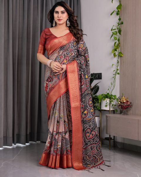 Handloom Linen Saree with Rich Zari Border and Unstitched Blouse Wedding Wear Printed Cotton Sarees Wholesale