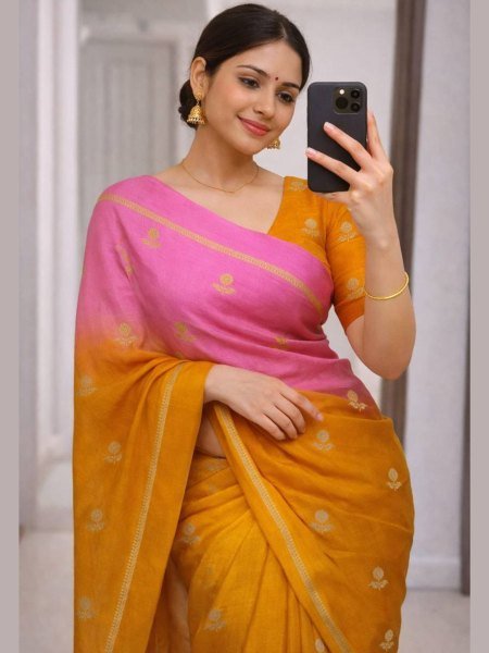 Handloom-Style Yellow and Light Pink Gradient Saree in Khadi Silk Sarees 
