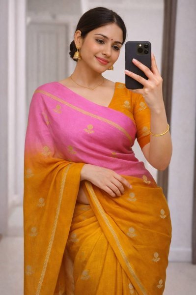 Handloom-Style Yellow and Light Pink Gradient Saree in Khadi Silk Silk Sarees Wholesale