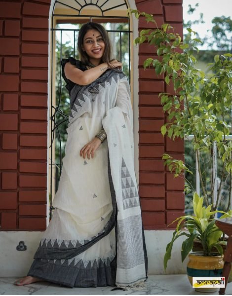 Handwoven White   Black Mercerised Cotton Saree Handloom Mercerised Finish Cotton Sarees Wholesale