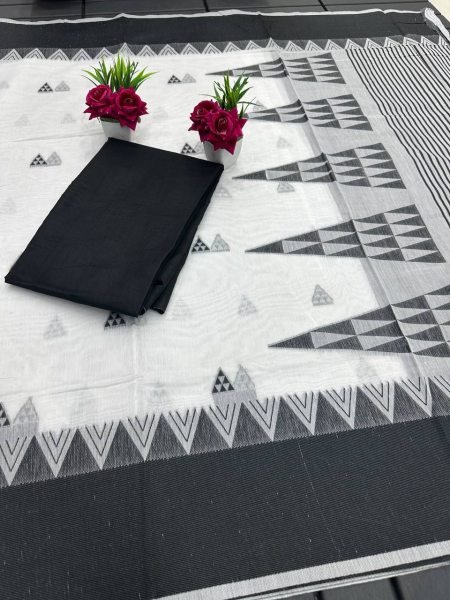 Handwoven White   Black Mercerised Cotton Saree Handloom Mercerised Finish Cotton Sarees Wholesale