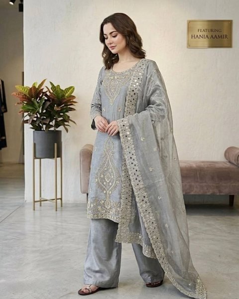 grey sharara dress Grey Elegant Chikankari Kurta Sharara Set with Dupatta 46 / Grey
