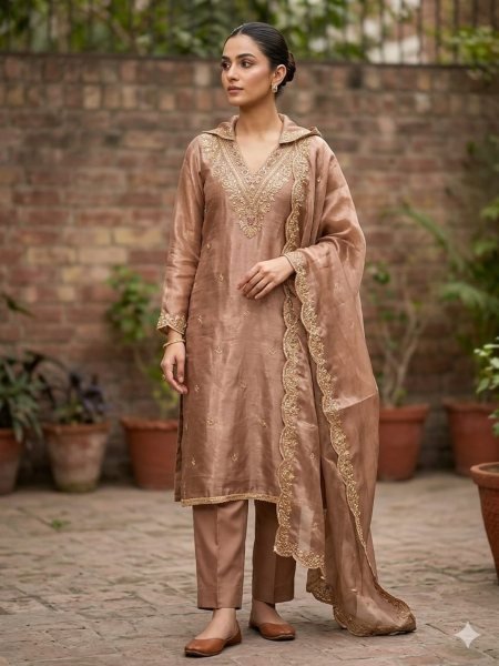 Hazel Brown Shimmer Silk Straight Suit Set with Hand Embroidered Yoke Dress Material 
