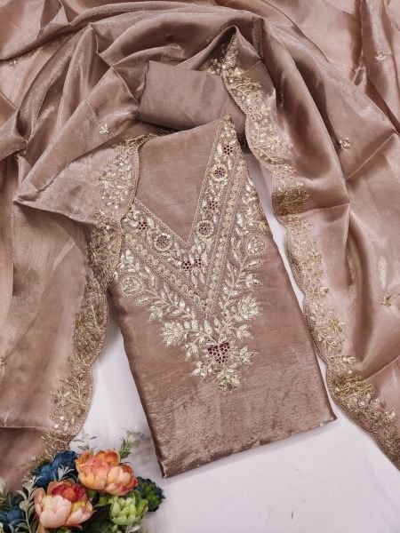 Hazel Brown Shimmer Silk Straight Suit Set with Hand Embroidered Yoke Punjabi Dress Materials Wholesale