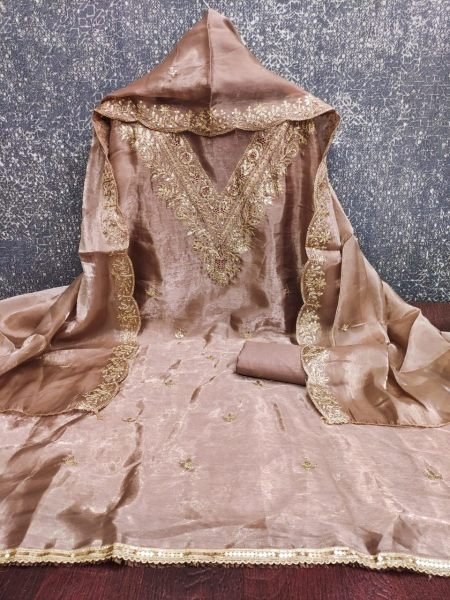 Hazel Brown Shimmer Silk Straight Suit Set with Hand Embroidered Yoke Punjabi Dress Materials Wholesale