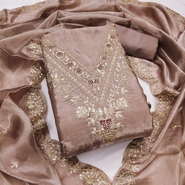 Hazel Brown Shimmer Silk Straight Suit Set with Hand Embroidered Yoke Punjabi Dress Materials Wholesale