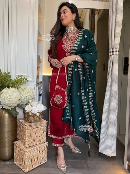 Heavily Embroidered Chinon Silk Top Kurti Pant Dupatta Set Ready To Wear 