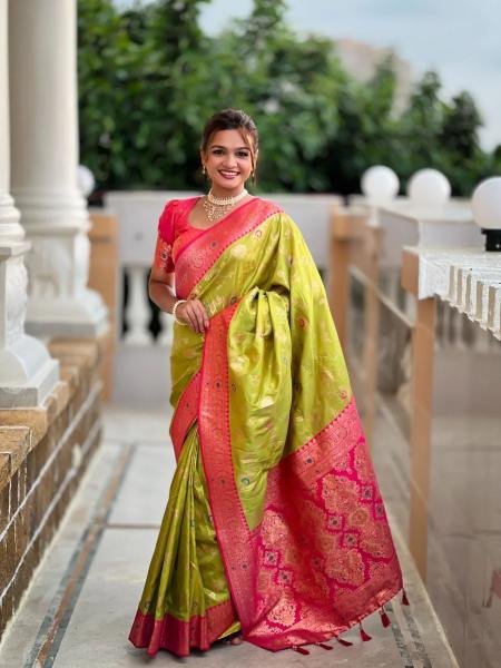 Heavy Banarasi Silk Saree with Meenakari Weaving & Contrast Blouse Sarees 