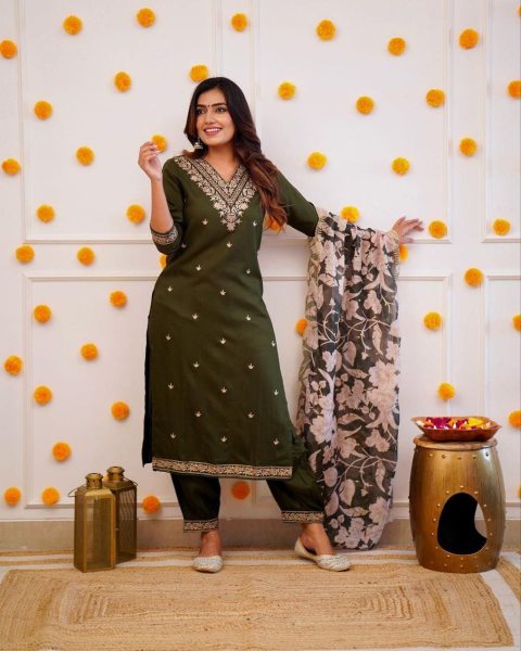 Heavy Chanderi New Afghani Suit Set With Embroidery Work  3 Piece Kurti Set