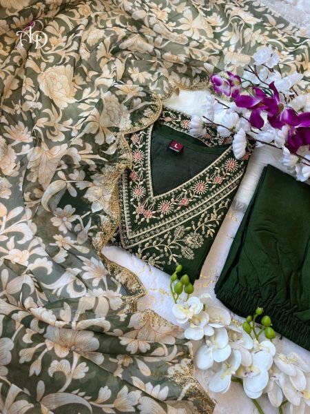 Heavy Chanderi New Afghani Suit Set With Embroidery Work  3 Piece Kurti Set