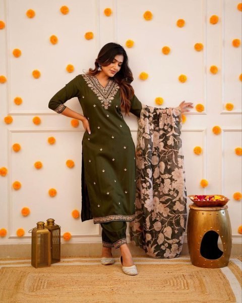 Heavy Chanderi New Afghani Suit Set With Embroidery Work  3 Piece Kurti Set