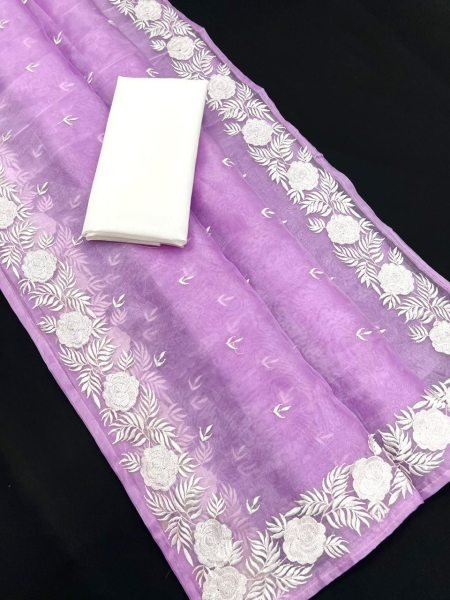 Heavy Chikankari Floral Work Pallu Organza Saree Chikankari Sarees Wholesale