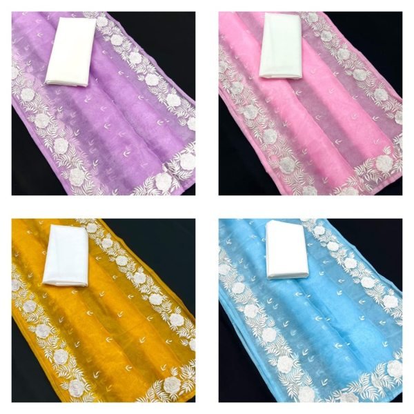 Heavy Chikankari Floral Work Pallu Organza Saree Chikankari Sarees Wholesale