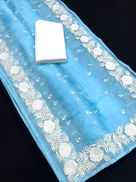 Heavy Chikankari Floral Work Pallu Organza Saree Chikankari Sarees Wholesale
