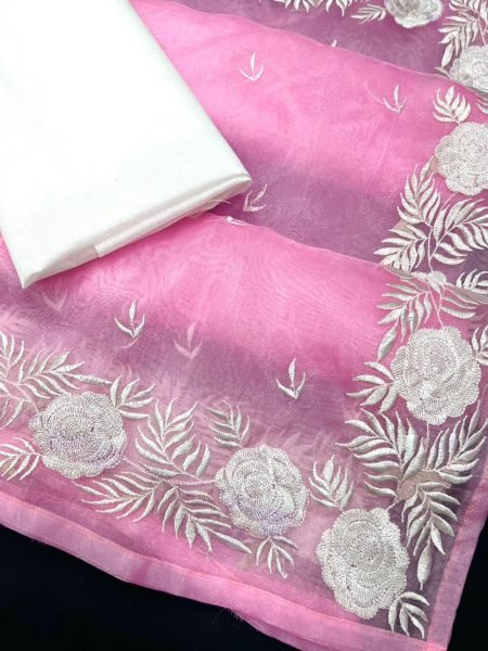 Heavy Chikankari Floral Work Pallu Organza Saree Chikankari Sarees Wholesale