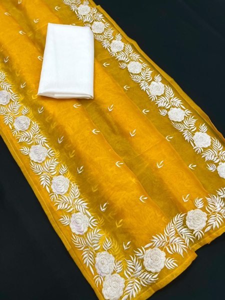 Heavy Chikankari Floral Work Pallu Organza Saree Chikankari Sarees Wholesale