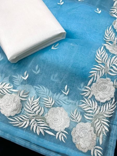 Heavy Chikankari Floral Work Pallu Organza Saree Chikankari Sarees Wholesale