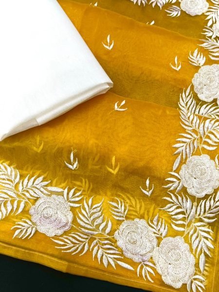 Heavy Chikankari Floral Work Pallu Organza Saree Chikankari Sarees Wholesale