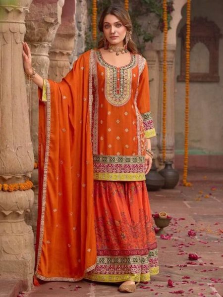 Heavy Chinon Embroidered Sharara Suit Luxe Bridal and Wedding Guest Ensemble Ready To Wear Suit