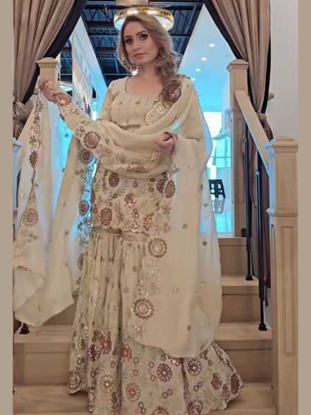 White Chinon Silk Sharara Suit with Sequin Work For Pakistani Wear Ready To Wear Suit