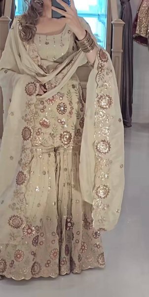 White Chinon Silk Sharara Suit with Sequin Work For Pakistani Wear Ready To Wear Collection